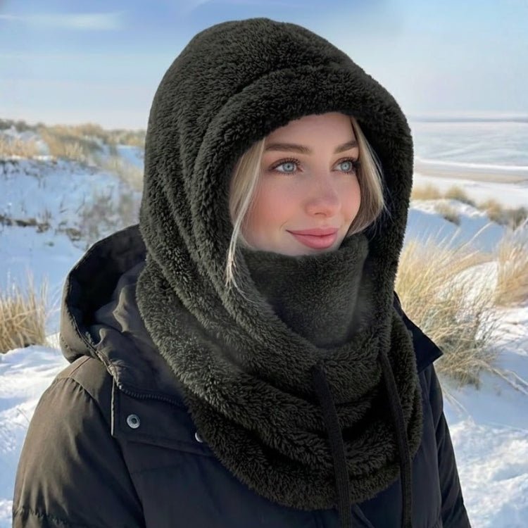 black plush sherpa ski hood and neck warmer combination.