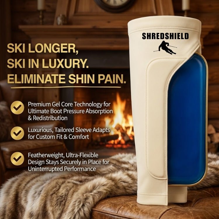 A white ShredShield ski shin protector with a cutaway revealing the thick blue gel core designed to eliminate shin pain, set against a cozy luxury fireplace background with benefit text.