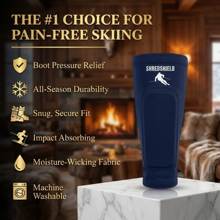 Front view of the navy ShredShield ski shin guard with a matching white gel protective pad and black logo, against a plain white background