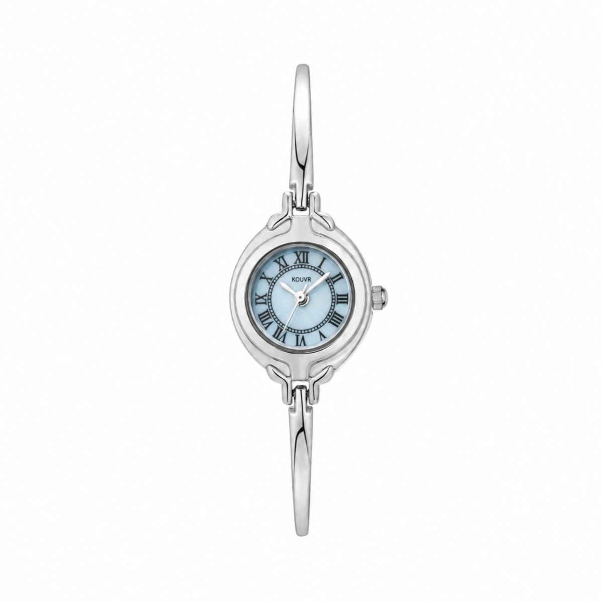 Front view of the Kouvr silver bangle watch showing classic Roman numeral markers on a light blue dial.