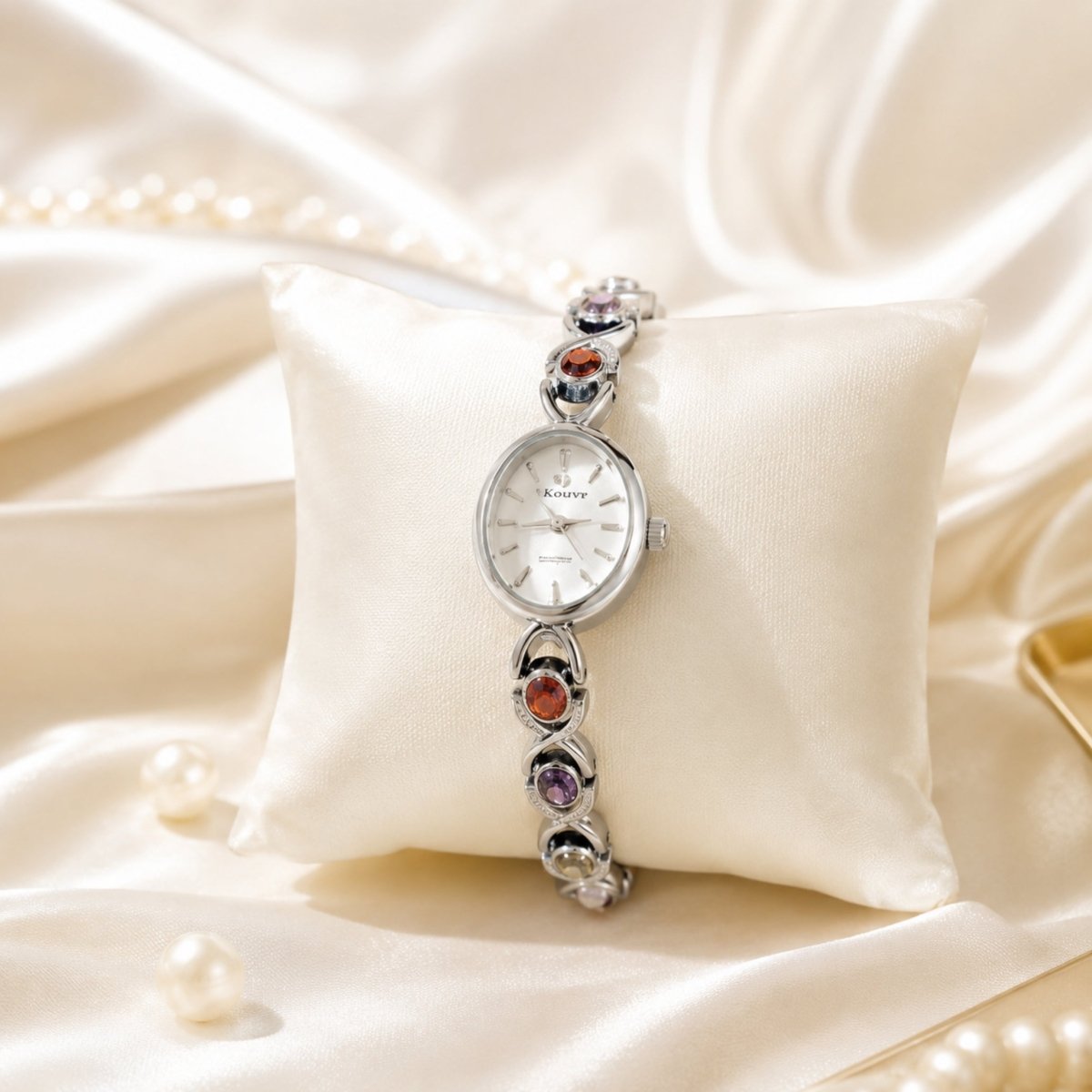 Close up macro photography of the Kouvr silver ladies watch with colorful inlaid crystals presented on a luxurious white silk jewelry pillow surrounded by pearls.