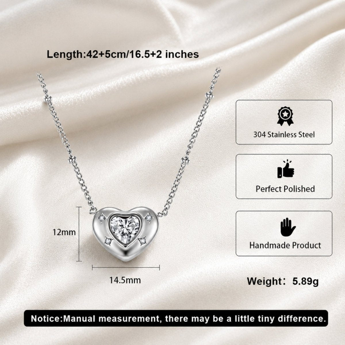 Technical details of the Kouvr silver heart necklace showing 304 stainless steel material, perfect polished finish, and handmade product guarantee.