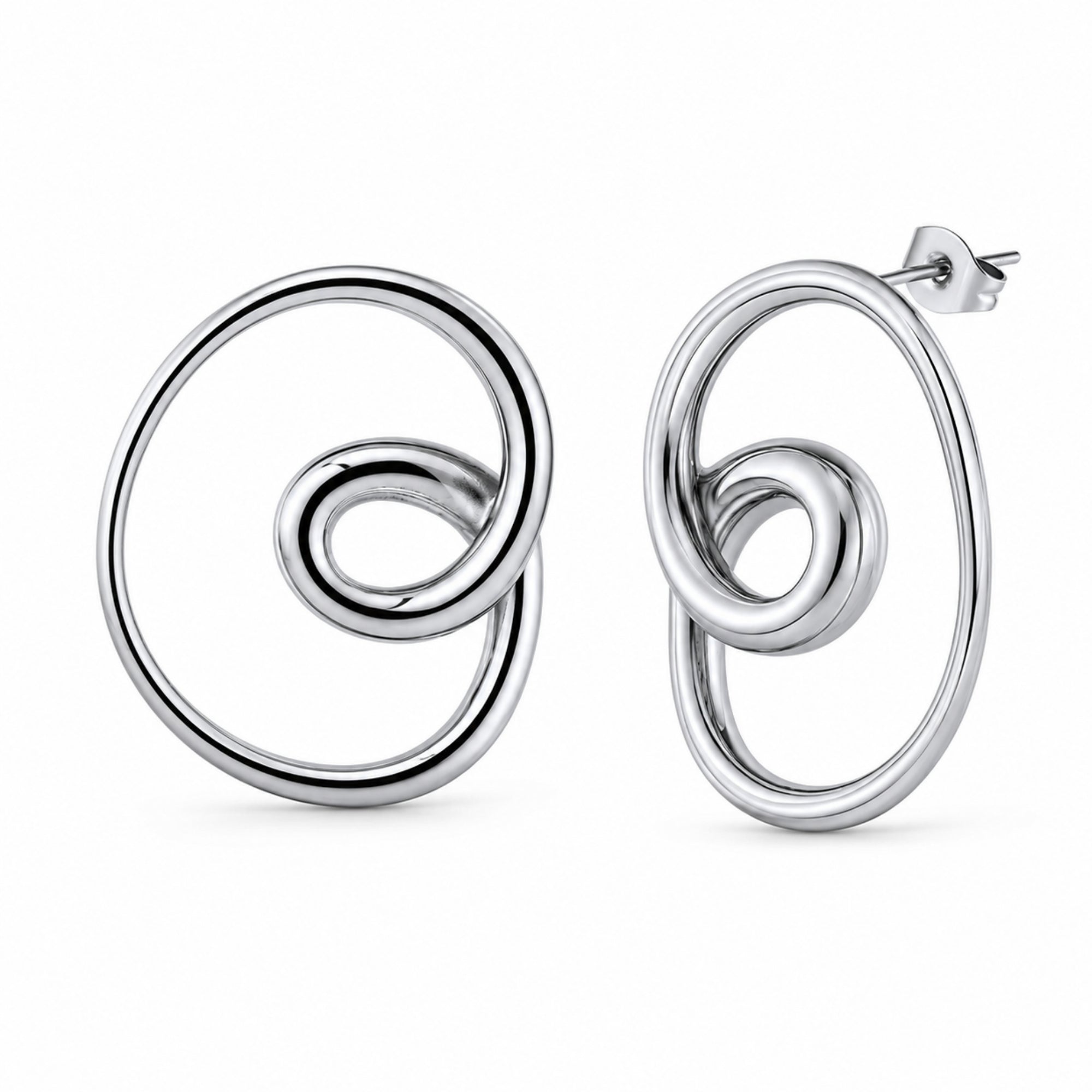 Front and angled side view of silver loop knot stud earrings on a clean white background, highlighting the secure butterfly push back closure.