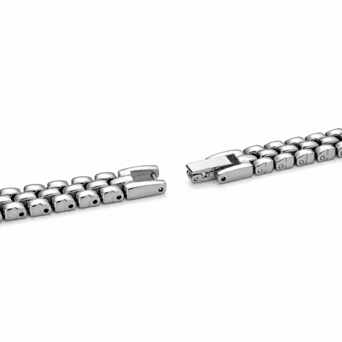 Close up of the high-quality secure jewelry clasp mechanism on the silver interlocking link watch bracelet.