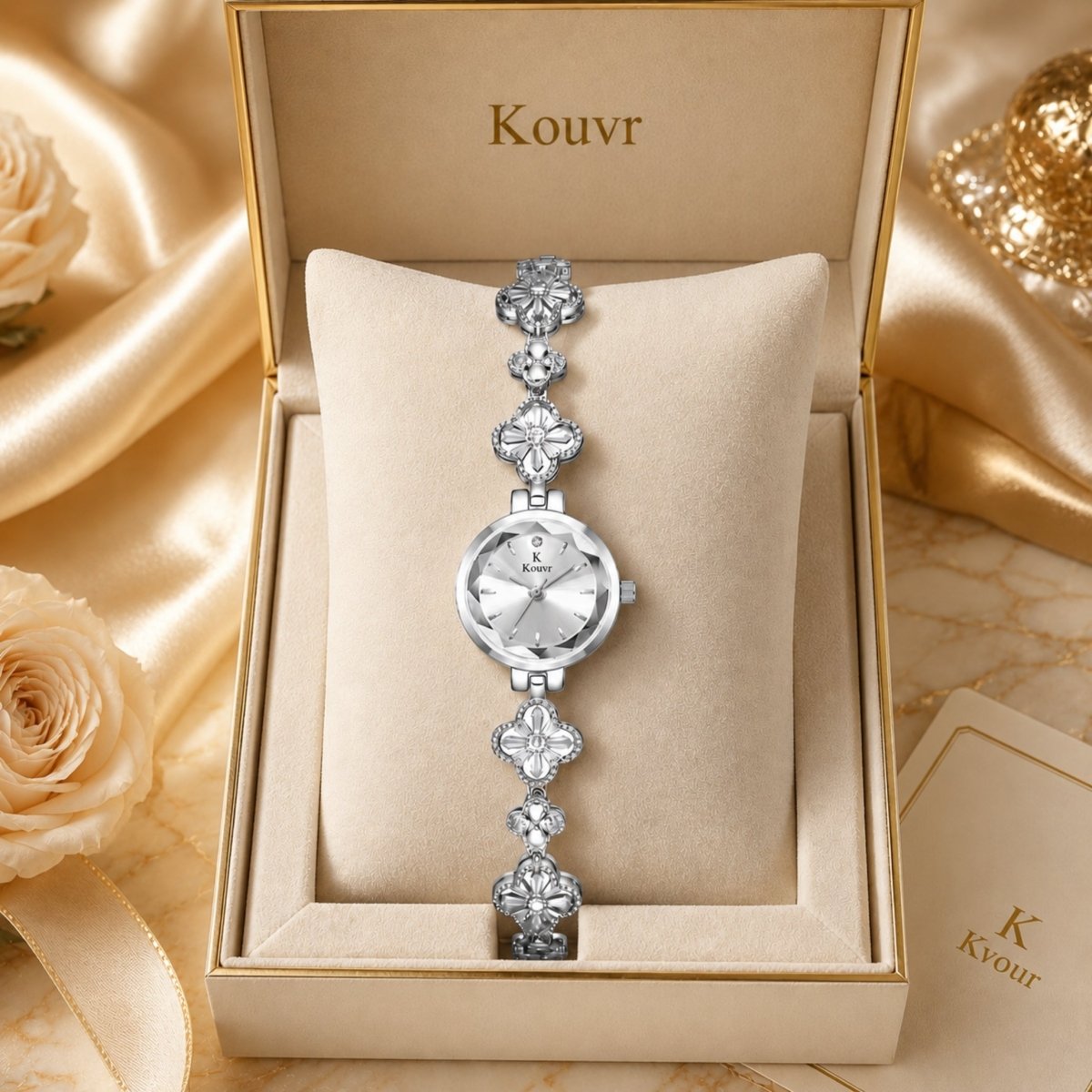 Beautiful silver women's jewelry watch displayed securely inside a premium beige velvet lined Kouvr presentation box