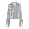 Kouvr Stardust silver sequin fringe jacket for women | Western tinsel jacket for bachelorette and concert outfits