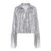 Kouvr Stardust silver sequin fringe jacket for women | Western tinsel jacket for bachelorette and concert 