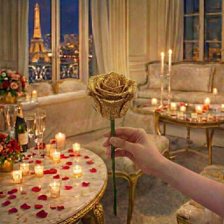 A hand holding a luxurious single gold glitter rose. An eternal golden flower stem perfect for anniversaries or unique gifts.