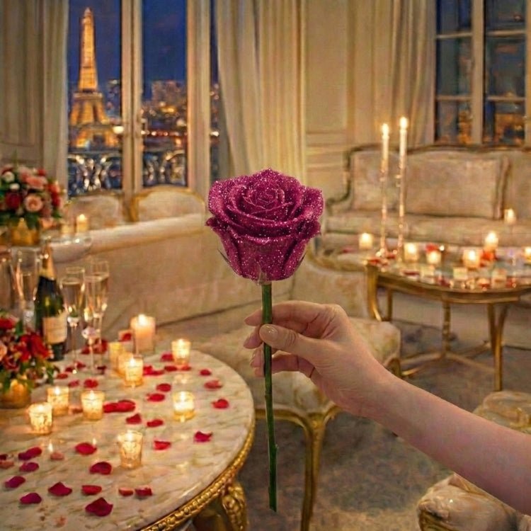 A hand holding one vibrant magenta sparkle rose. The deep pink glitter catches the light in a romantic room.