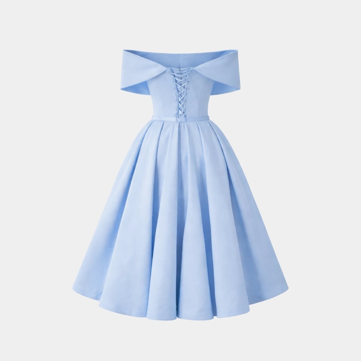 Back flat lay product shot showing corset lace up detail on sky blue A-line midi dress