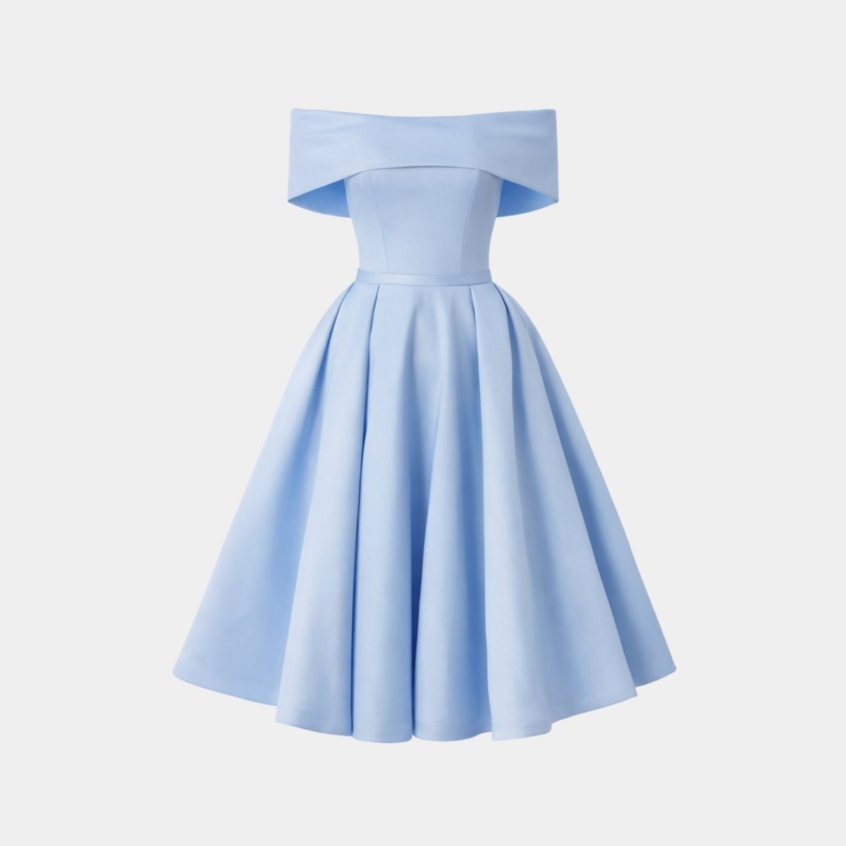 Front flat lay product shot of sky blue off the shoulder flared midi dress