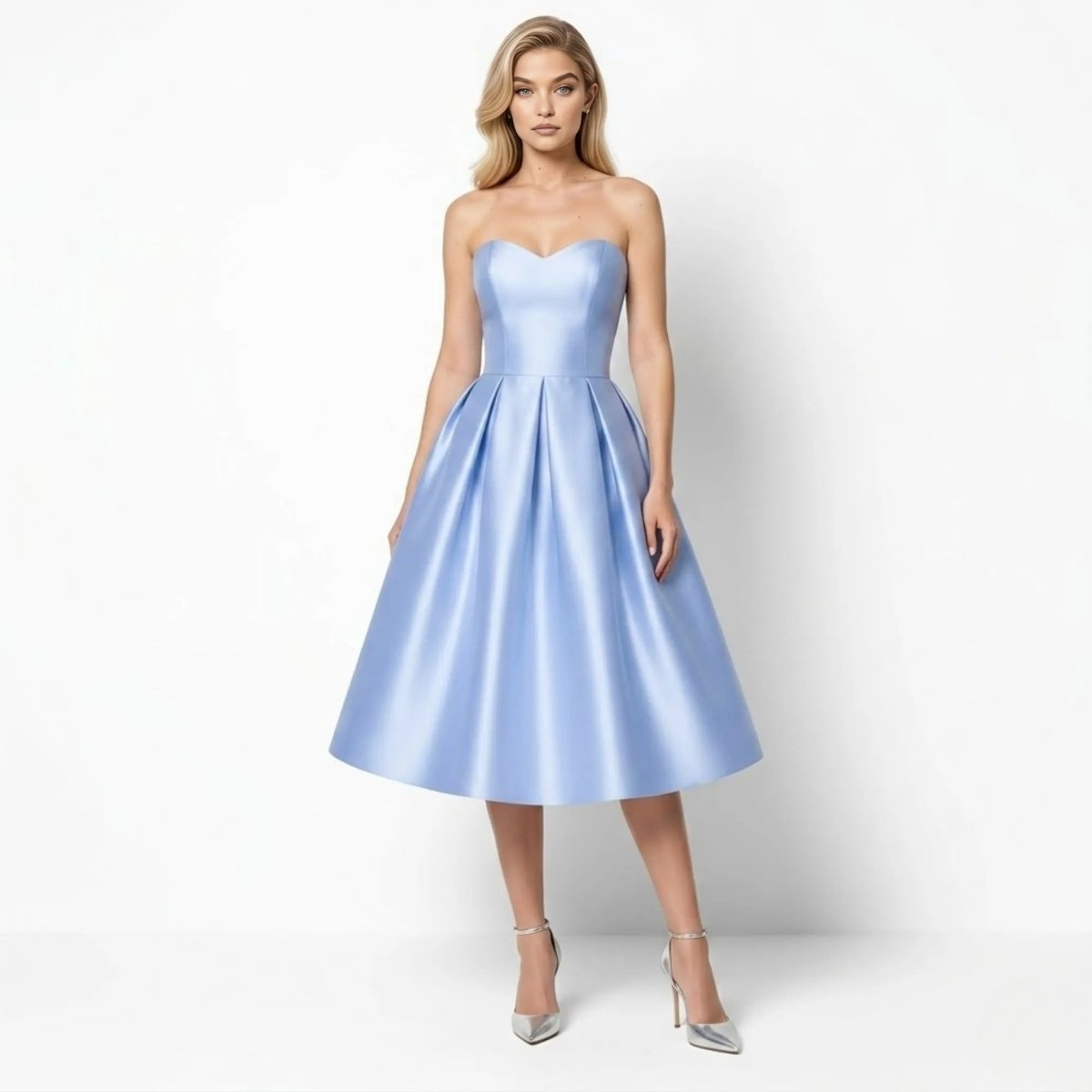 Front view of the sky blue strapless sweetheart satin midi dress with pleated A-line skirt by Kouvr