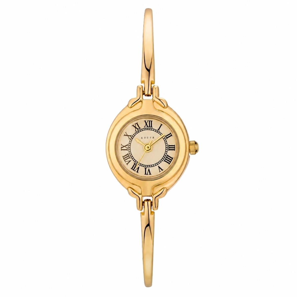 Front flat-lay view of a women's small face gold watch featuring classic roman numerals, a champagne dial, and a thin bangle strap.