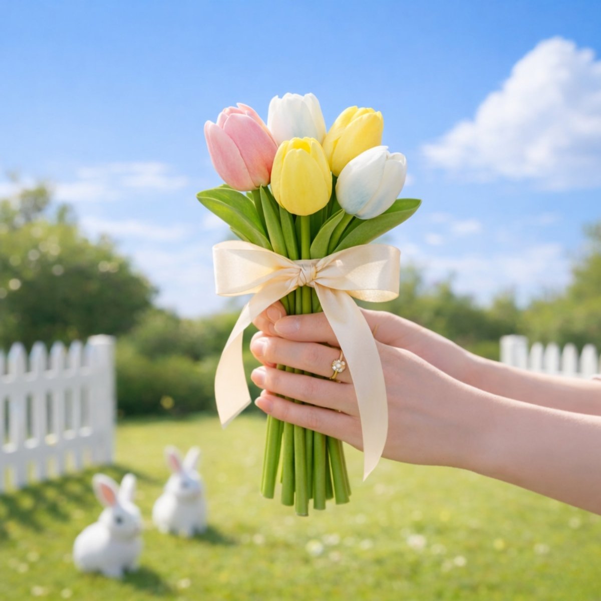 A small bouquet of pink, yellow, and white tulips, held with both hands. The background shows a white picket fence and two white rabbit figurines on the grass, with a blue sky above