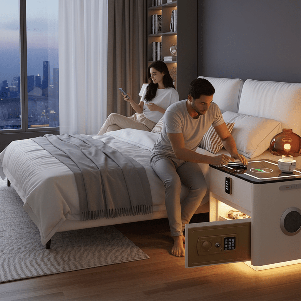 A contemporary photo of a hotel bedroom features a man interacting with the phone-charging surface of a smart nightstand. The table includes an integrated safe, a glass tabletop with a charging ring, a built-in speaker, and soft ambient under-lighting.
