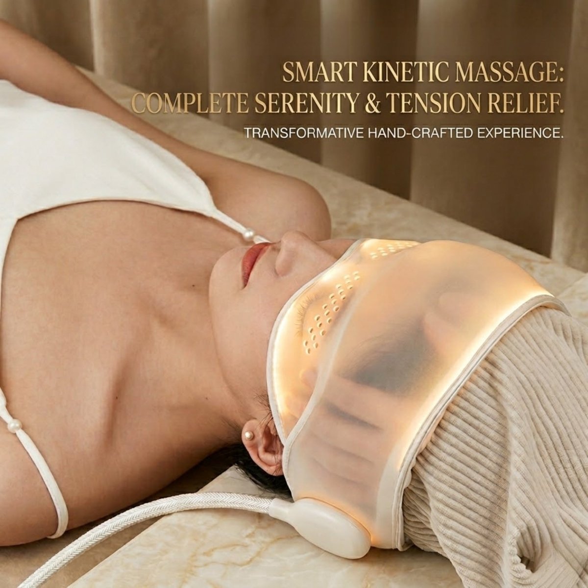 Side view of a woman lying down using the smart kinetic head massager showing a translucent front visor illuminating warm orange therapeutic light.