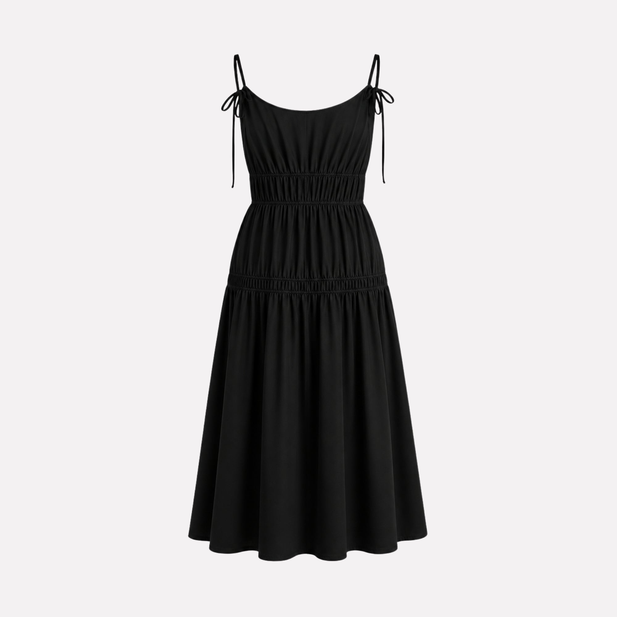 Ghost mannequin back view of black tiered midi dress with tie straps