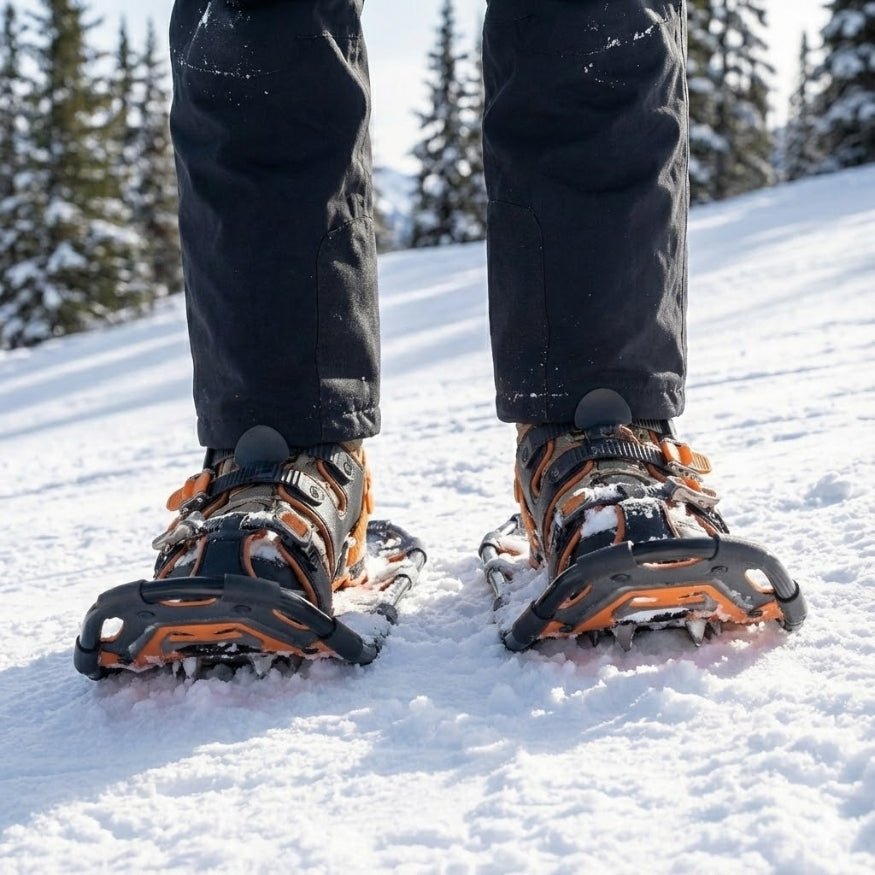 Close-up of a hiker's boots strapped into G2 Gether snowshoes walking through deep powder snow in a forest.