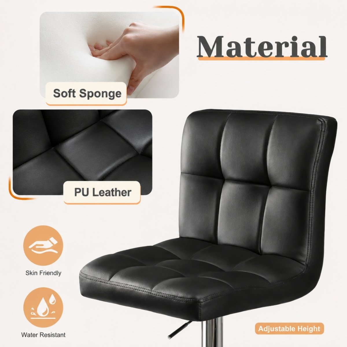 Close up detail of soft sponge cushioning and water-resistant tufted PU leather on a modern ergonomic bar stool seat.