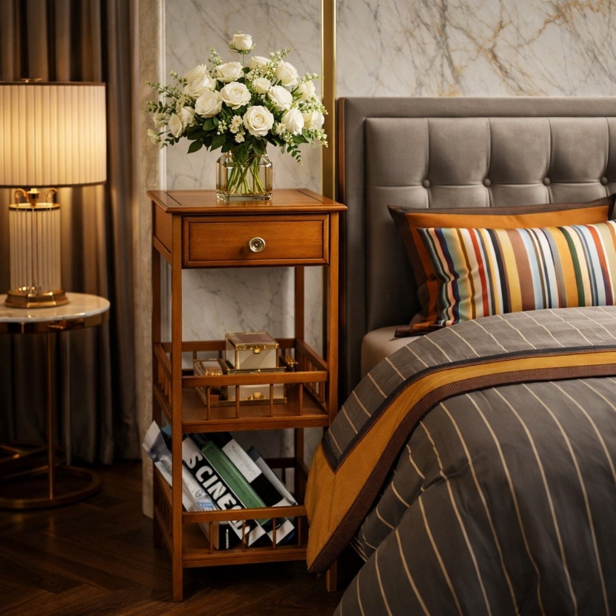 The Kouvr tall accent table styled as a chic bedside nightstand in a luxurious modern bedroom with a tufted headboard.
