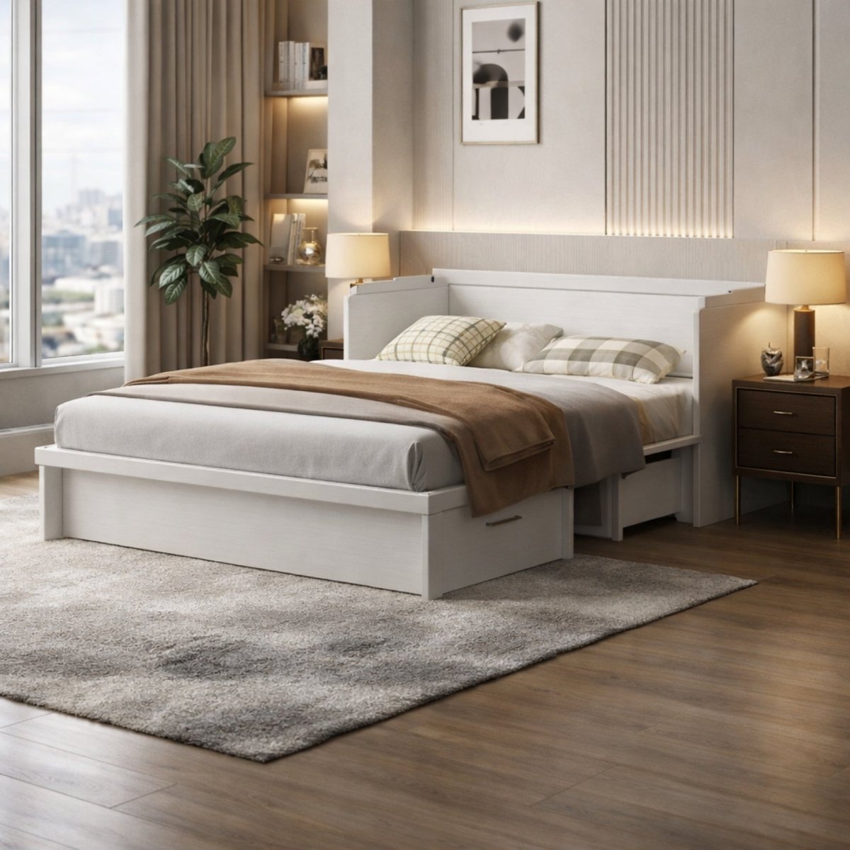 Extra large open storage drawers seamlessly integrated at the base of the white convertible cabinet bed holding folded linens and pillows.