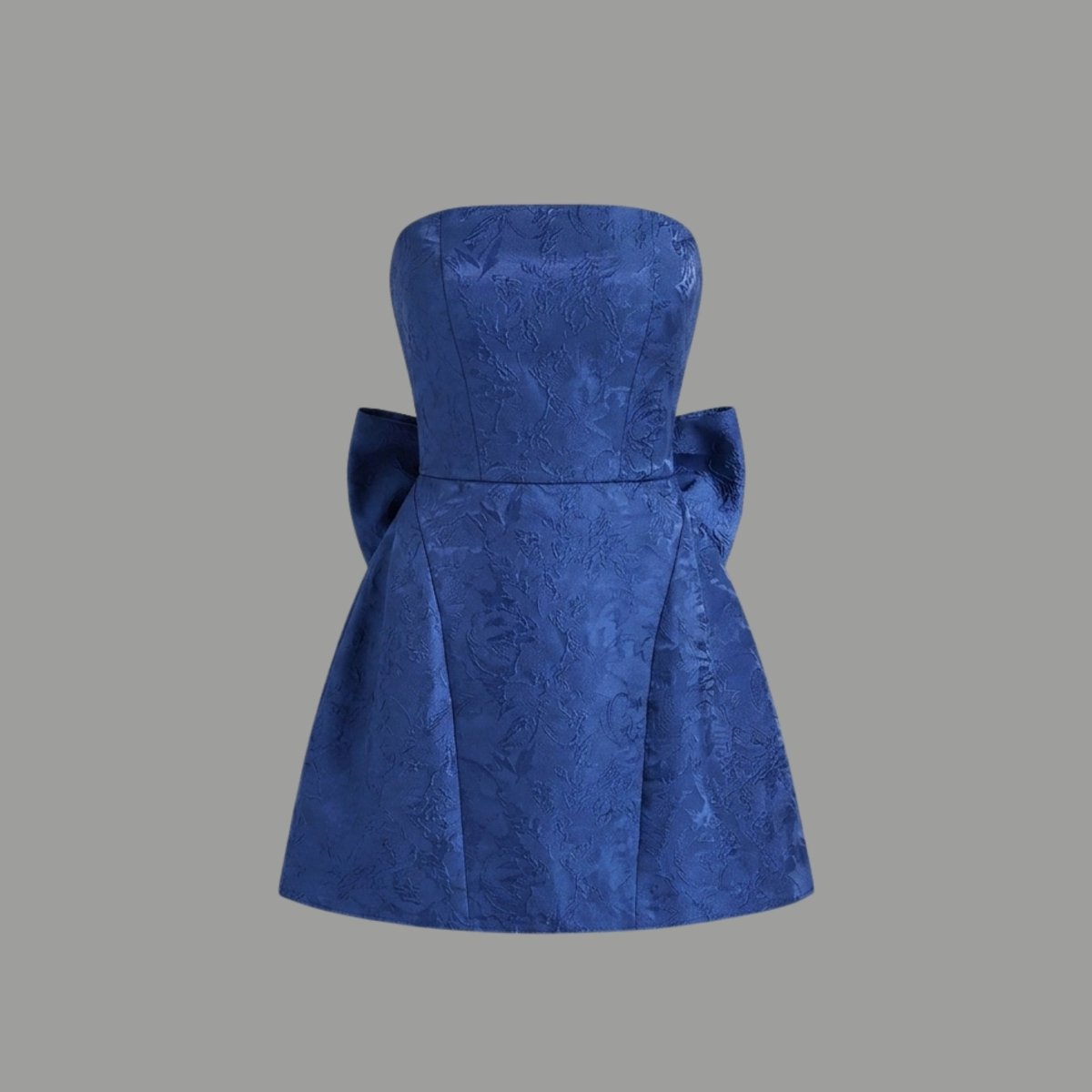 Ghost mannequin front view of blue strapless homecoming dress with contour seaming and flared skirt.