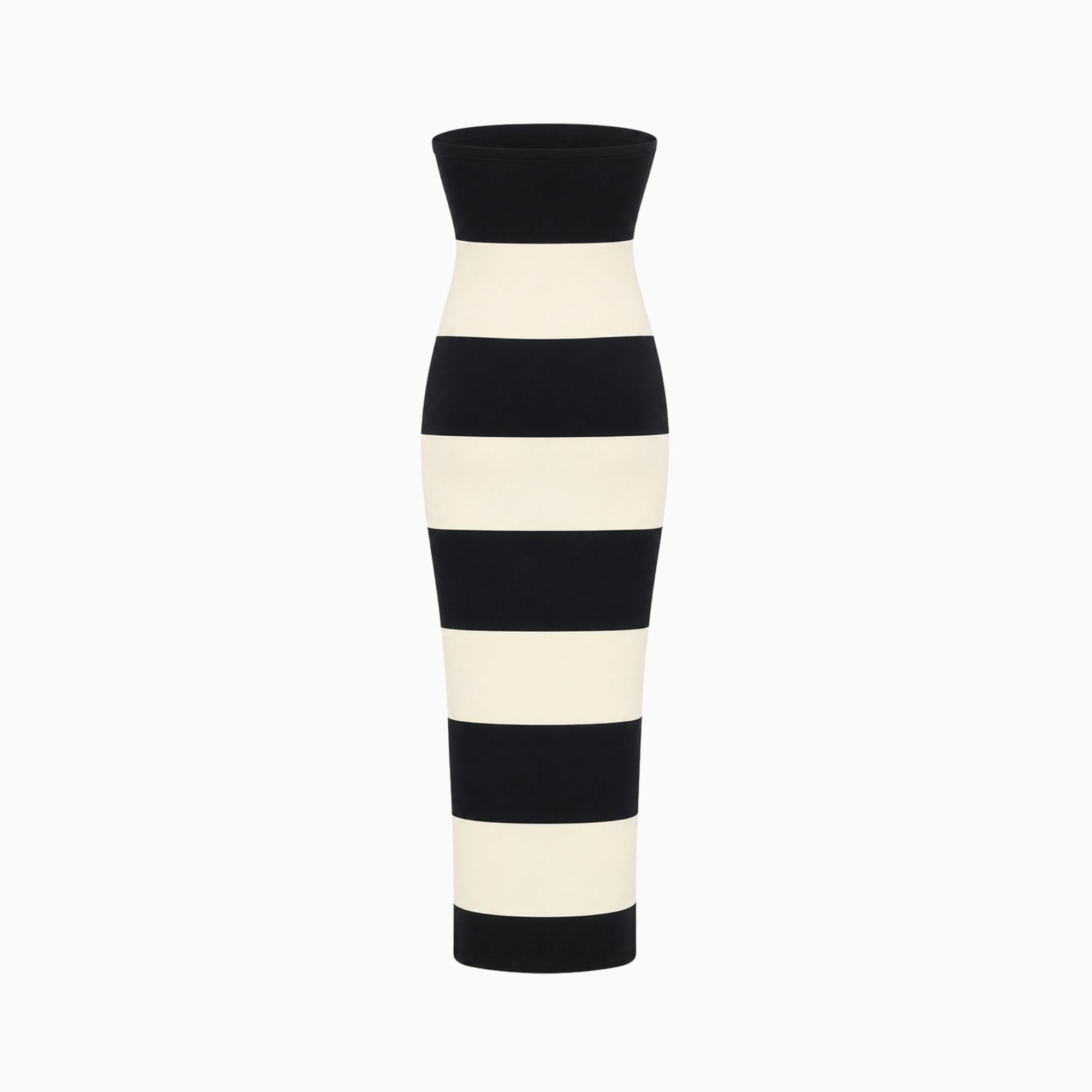 Ghost mannequin back studio view of the premium stretch knit striped tube vacation dress by Kouvr.
