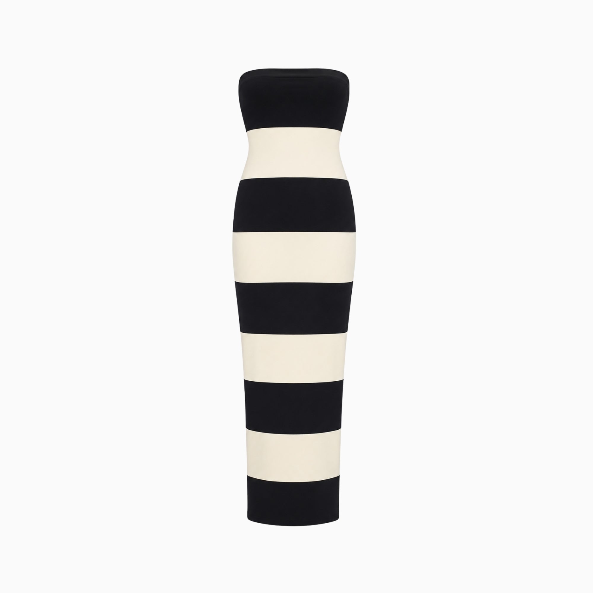 Ghost mannequin front studio view of the luxury black and white horizontal striped strapless maxi dress.