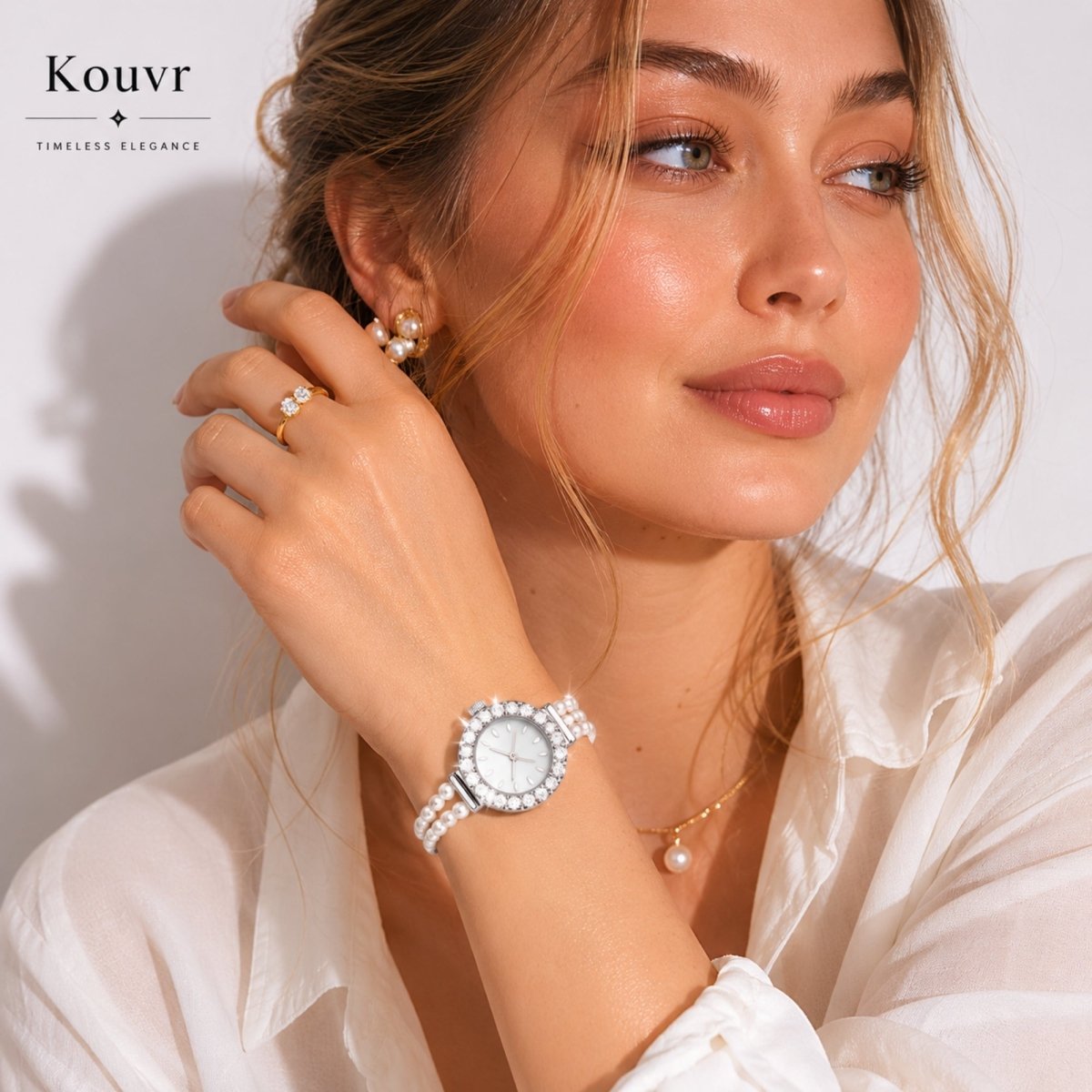 Close up of a woman styling the Kouvr vintage pearl bracelet watch with matching pearl earrings and a gold diamond ring, illuminated by soft sunlight.