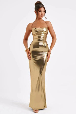 Women's Metallic Maxi Dress Kouvr Fashion - Gold & Silver Backless Cowl Neck Gown Women's Metallic Maxi Dress Kouvr Fashion - Gold & Silver Backless Cowl Neck Gown