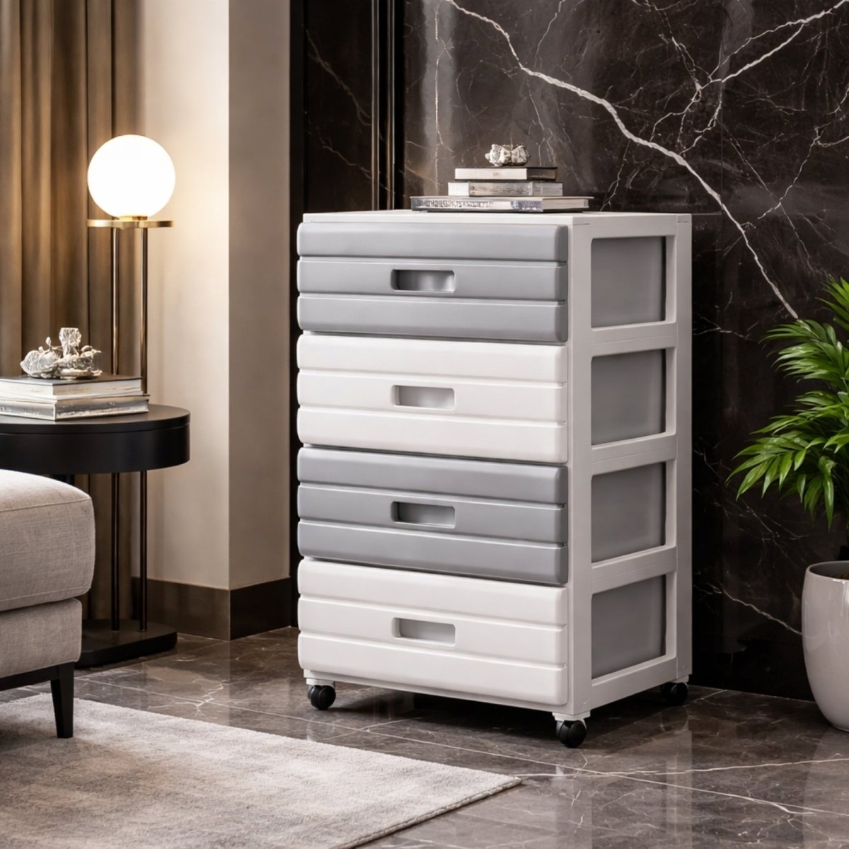 Tall five-tier space-saving storage tower with wheels positioned against a sophisticated dark marble wall.