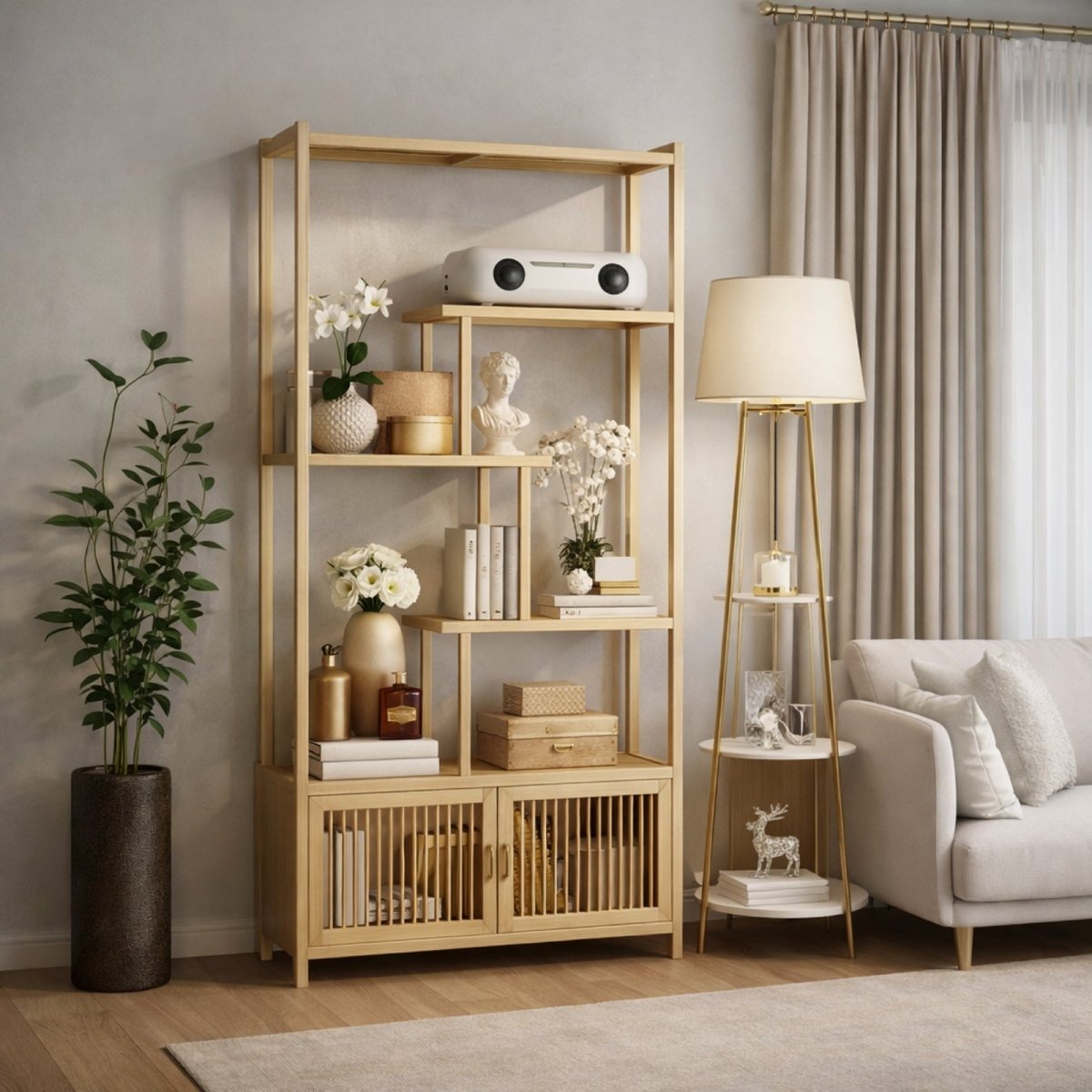 Tall narrow bookshelf with closed storage cabinet at base, placed next to a floor lamp and sofa in a contemporary home.