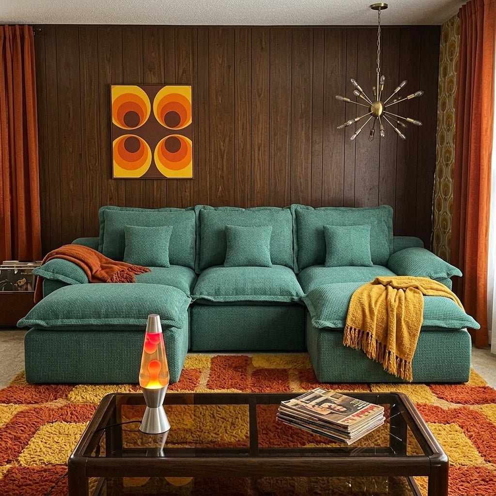 Clean, symmetrical front view of a teal modular pit sectional sofa against a plain white studio background.