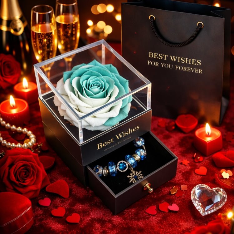 Unique teal and white dual-tone preserved rose in a clear acrylic box with a gift bag.