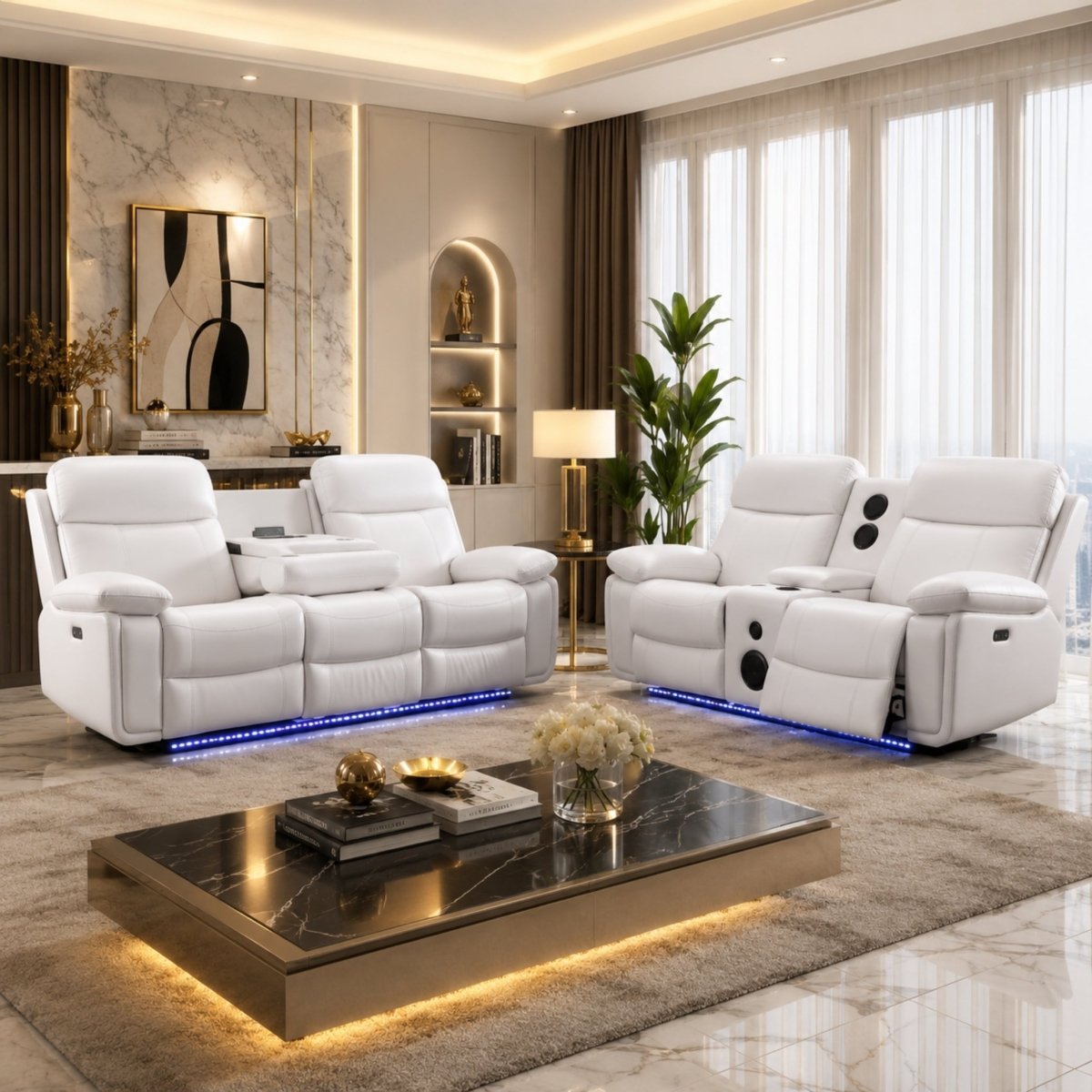 Front view of white power reclining loveseat featuring center console built in bluetooth speakers and dual cup holders
