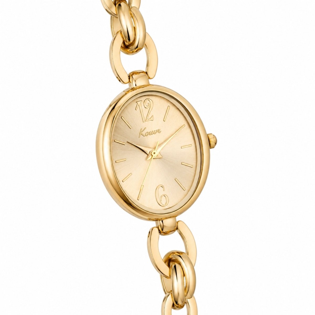 Close up side profile of Kouvr women's gold chain watch face showing elegant hands and markers
