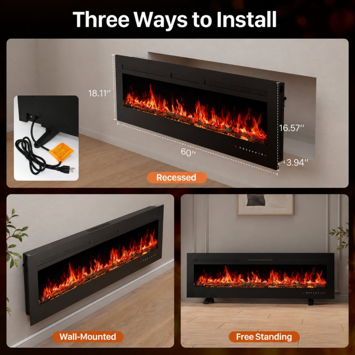 Diagram showing three flexible installation methods for the Kouvr electric fireplace: recessed, wall-mounted, and free-standing with precise dimensions