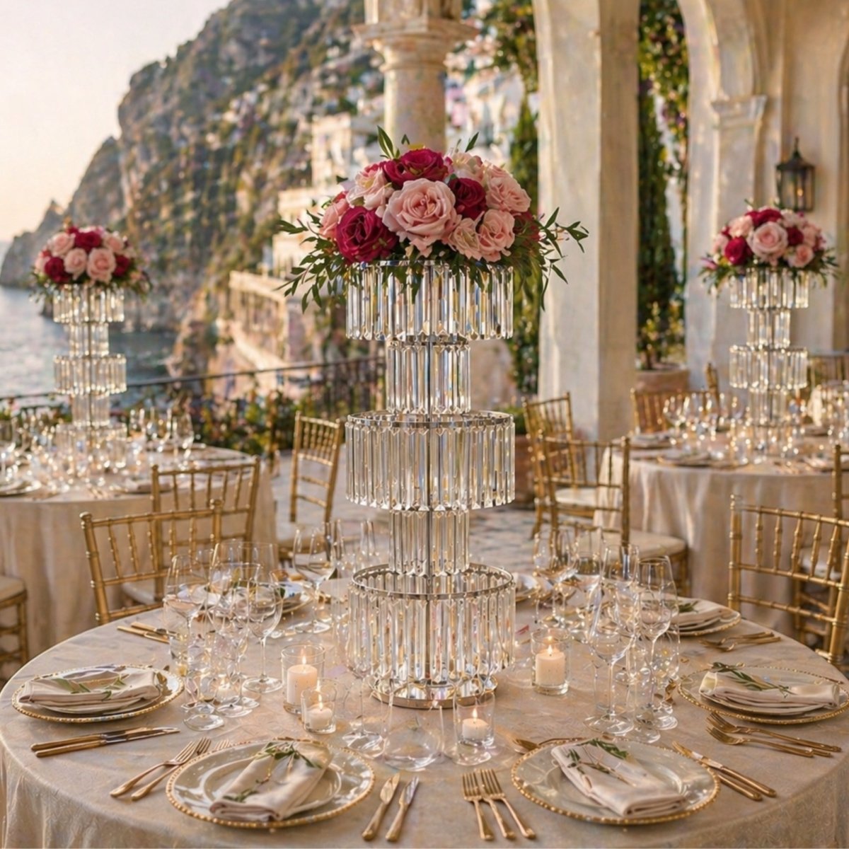 Clear crystal tiered event centerpiece holding pink and red roses on a round table at an Italian coastal villa wedding.
