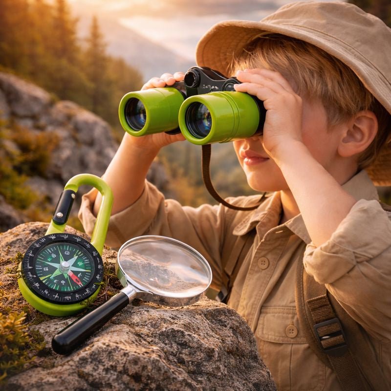 Young boy in a safari hat using green shockproof binoculars on a mountain peak with explorer tools nearby.