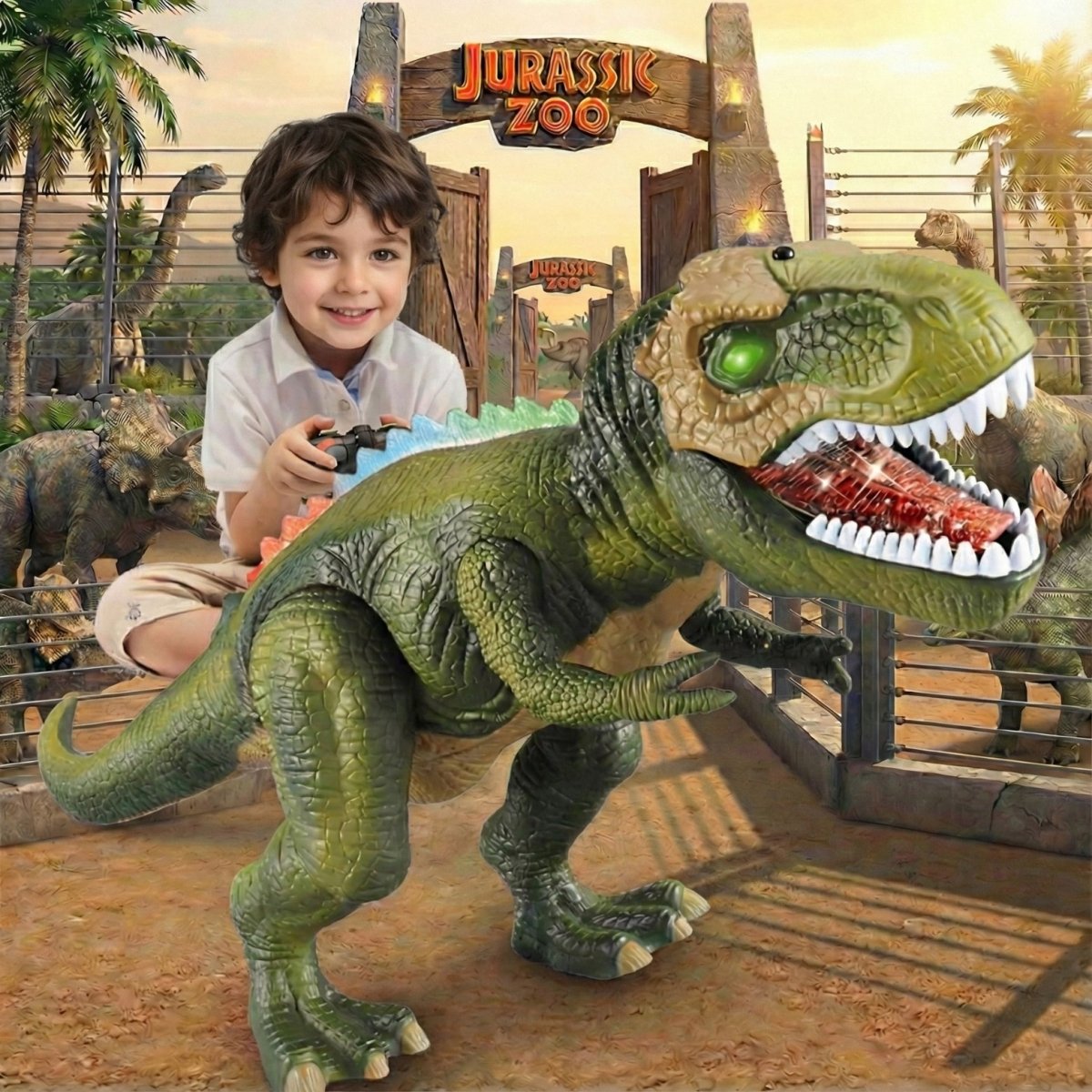 A toddler boy holds a controller next to a large brown remote control T-Rex dinosaur toy with colorful back lights, standing in front of a wooden "Jurassic Zoo" gate.