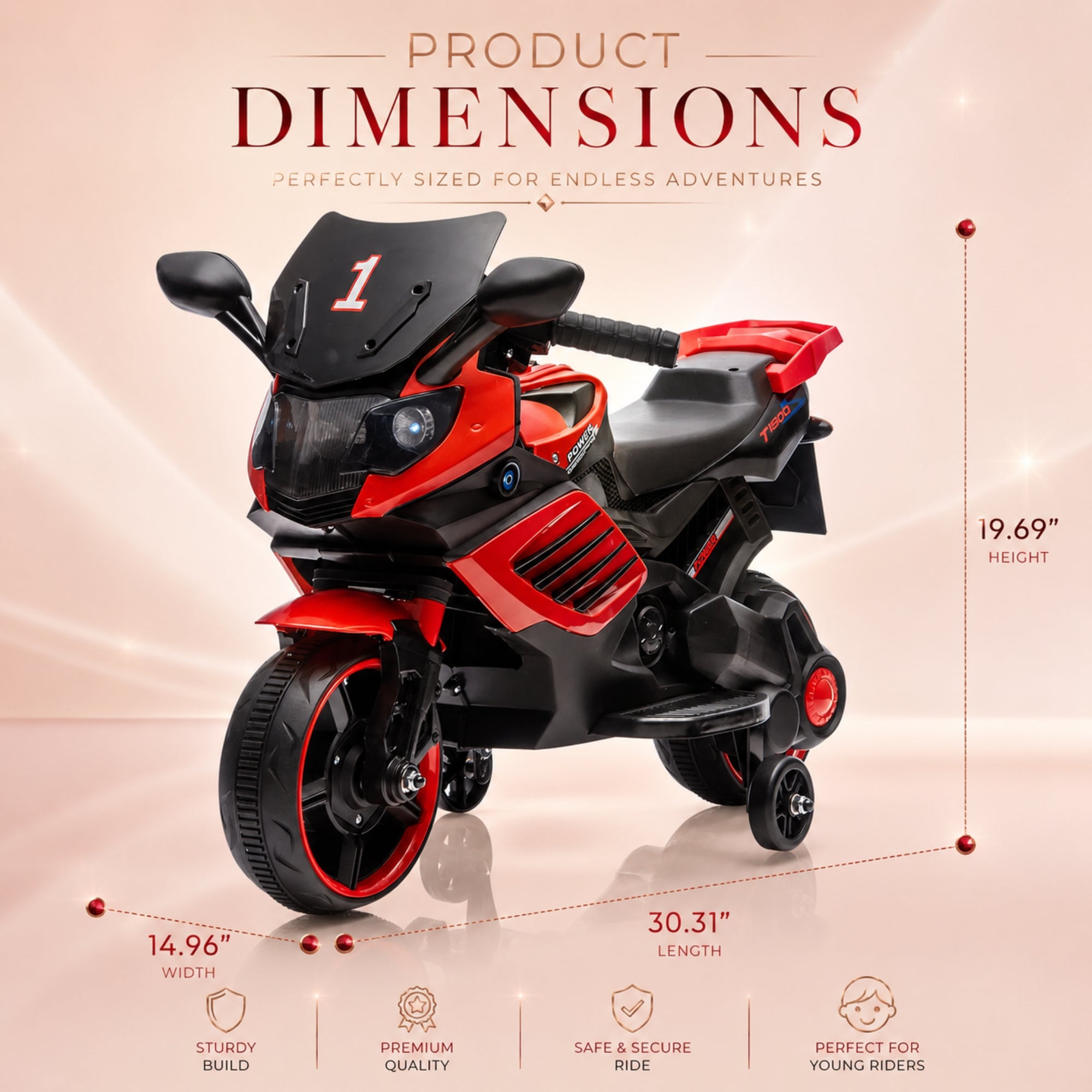 Exact product dimensions for kids electric motorcycle toy measuring 30.31 inches long, 14.96 inches wide, and 19.69 inches high.