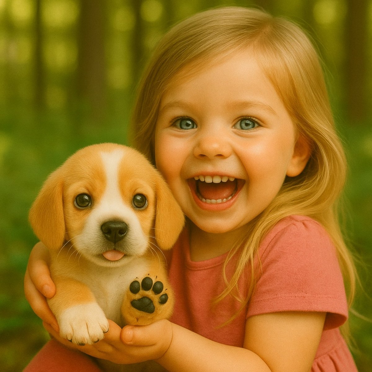 Smiling toddler girl hugging a soft plush robot beagle puppy toy outdoors, showing the realistic size and kid-friendly design.