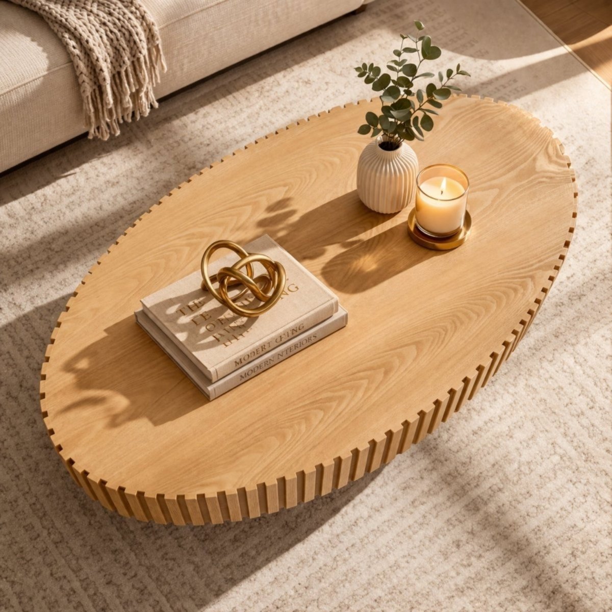 Top down view of modern fluted wood coffee table showing light oak grain and ribbed edge detail.