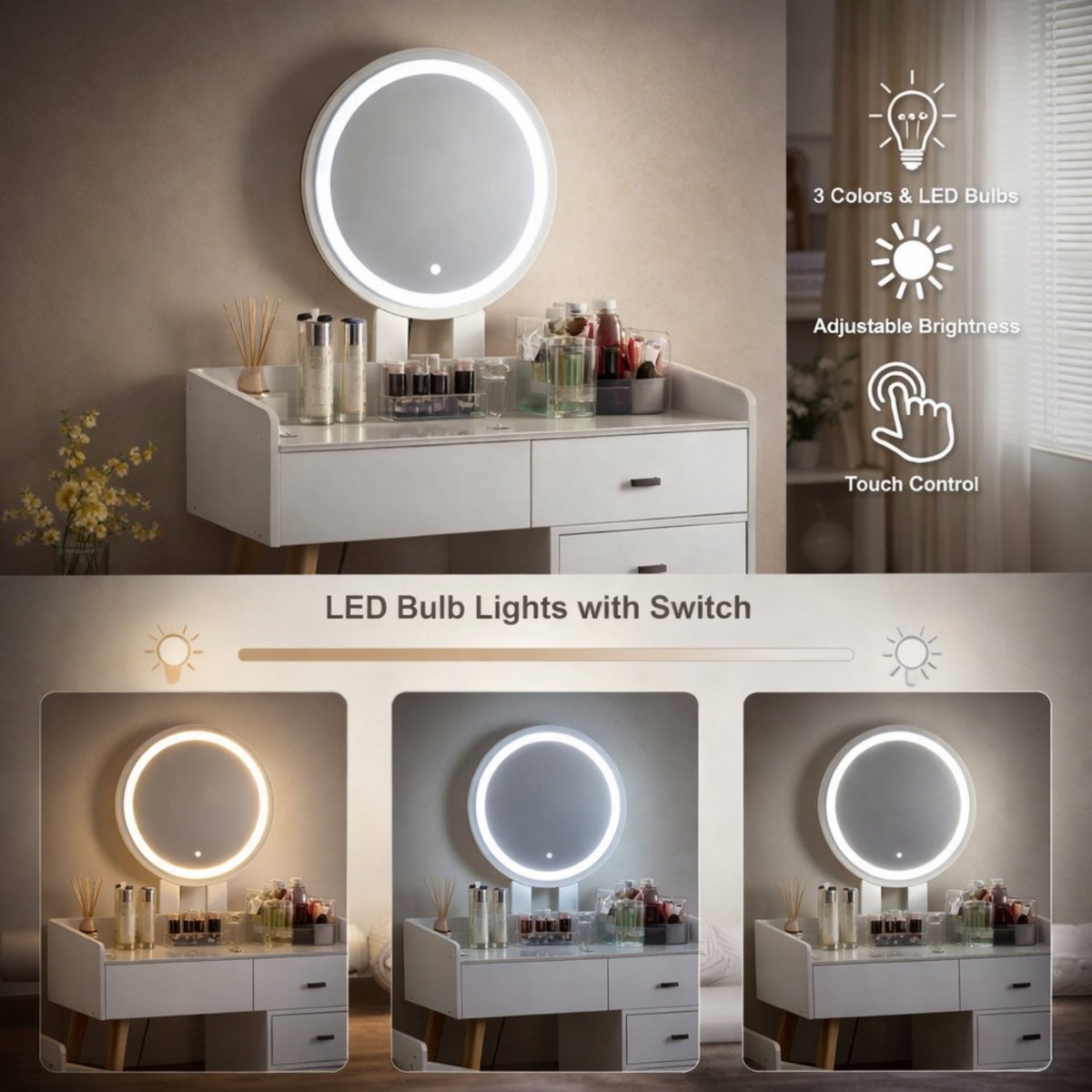 Close-up demonstrating the three adjustable color lighting modes, brightness levels, and touch control functionality of the Kouvr vanity mirror.