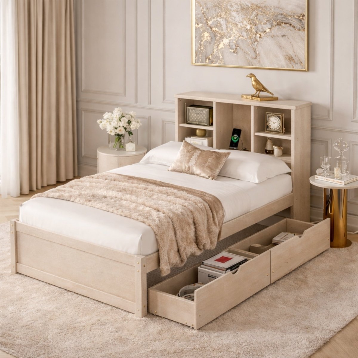 Luxury twin bed with storage drawers and bookcase headboard in a light whitewash wood finish, styled in an elegant, neutral bedroom setting.