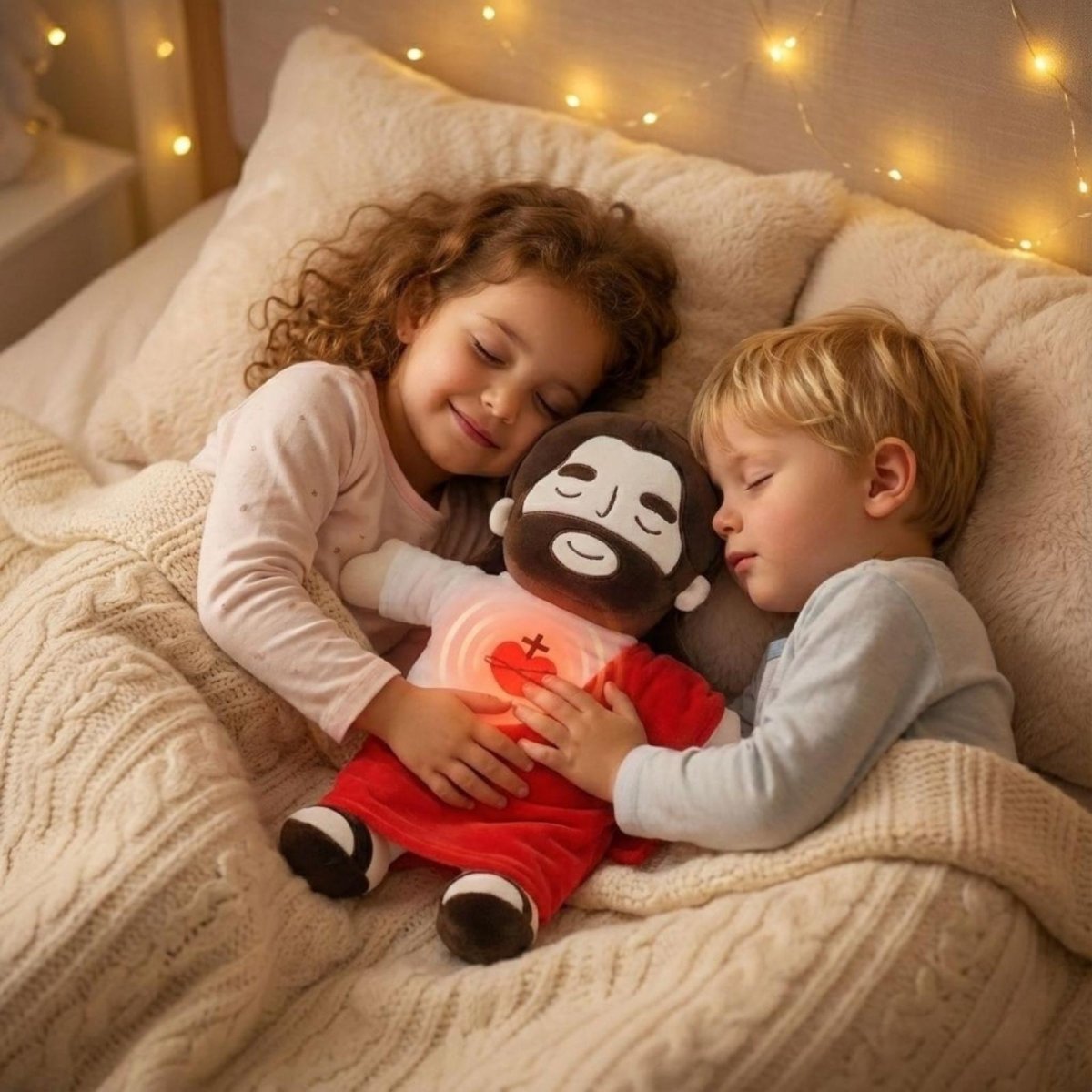 Brother and sister sleeping soundly in bed while sharing the musical light-up Jesus plush toy by Kouvr.