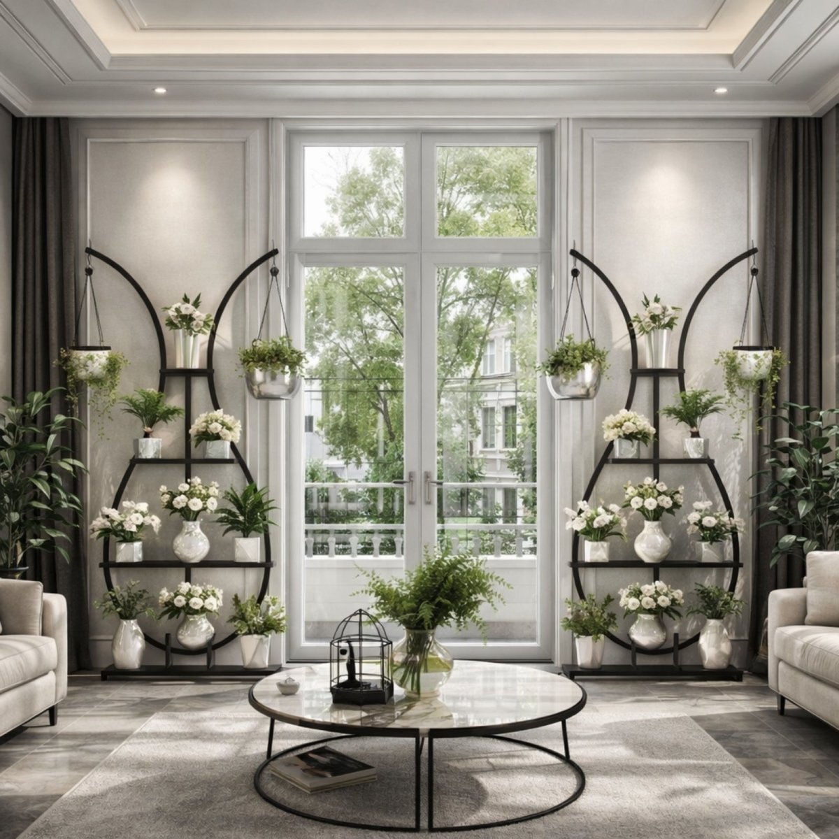 A grand room with two Kouvr vase shaped plant stands symmetrically placed on either side of large glass doors, creating an elegant botanical frame. 