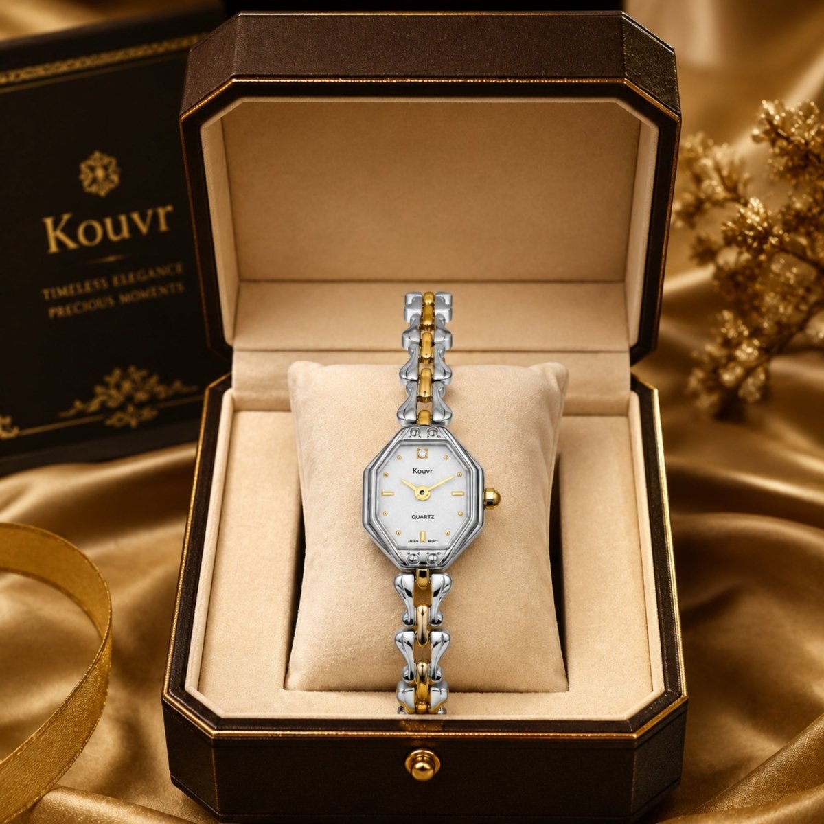 Dainty women's two-tone silver and gold vintage style watch with octagonal dial resting perfectly inside a luxury Kouvr display box.