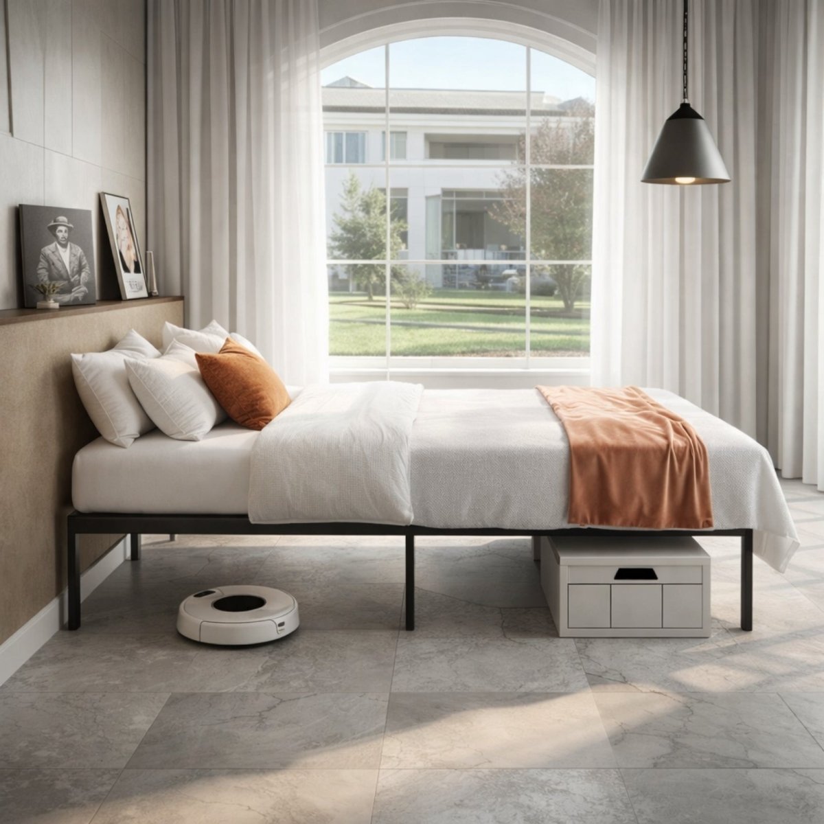 Side profile of heavy-duty metal bed frame showing ample clearance for robot vacuums and under-bed storage boxes.