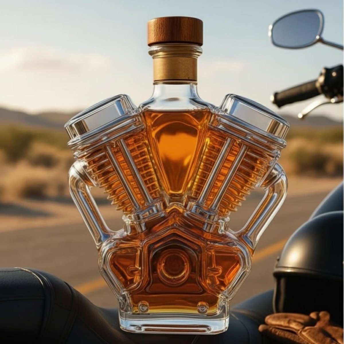 The V-Twin Engine Whiskey Decanter displayed on a wooden home bar next to two whiskey glasses, serving as a functional centerpiece.